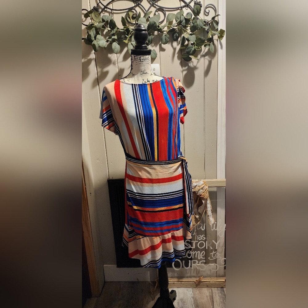 ECI New York Striped Multicolor Faux Wrap Dress